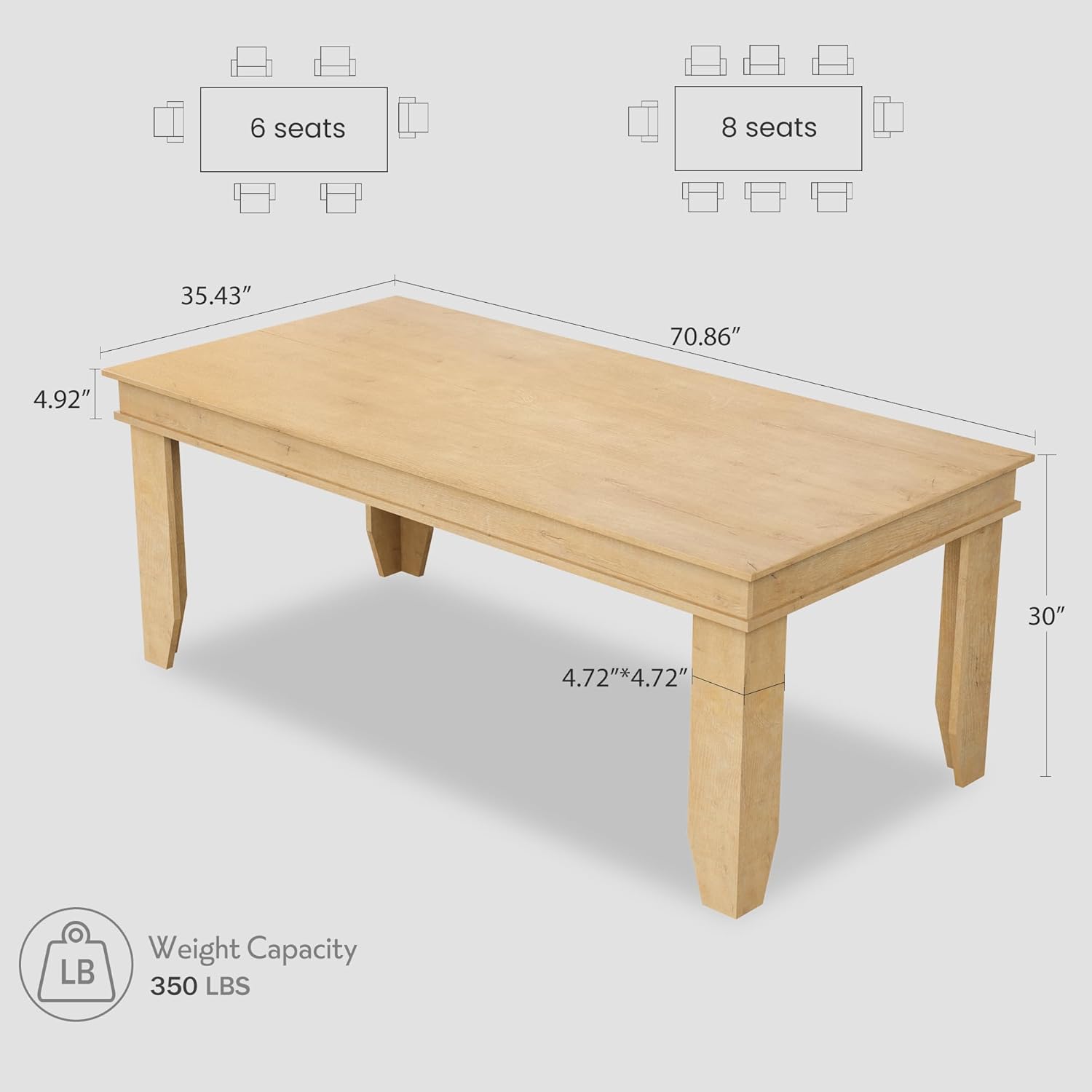 Garvee Farmhouse 71" Wood Rectangular Dining Table with L-Shaped Legs Suitable for 6-8 People for Dining Room, Natural
