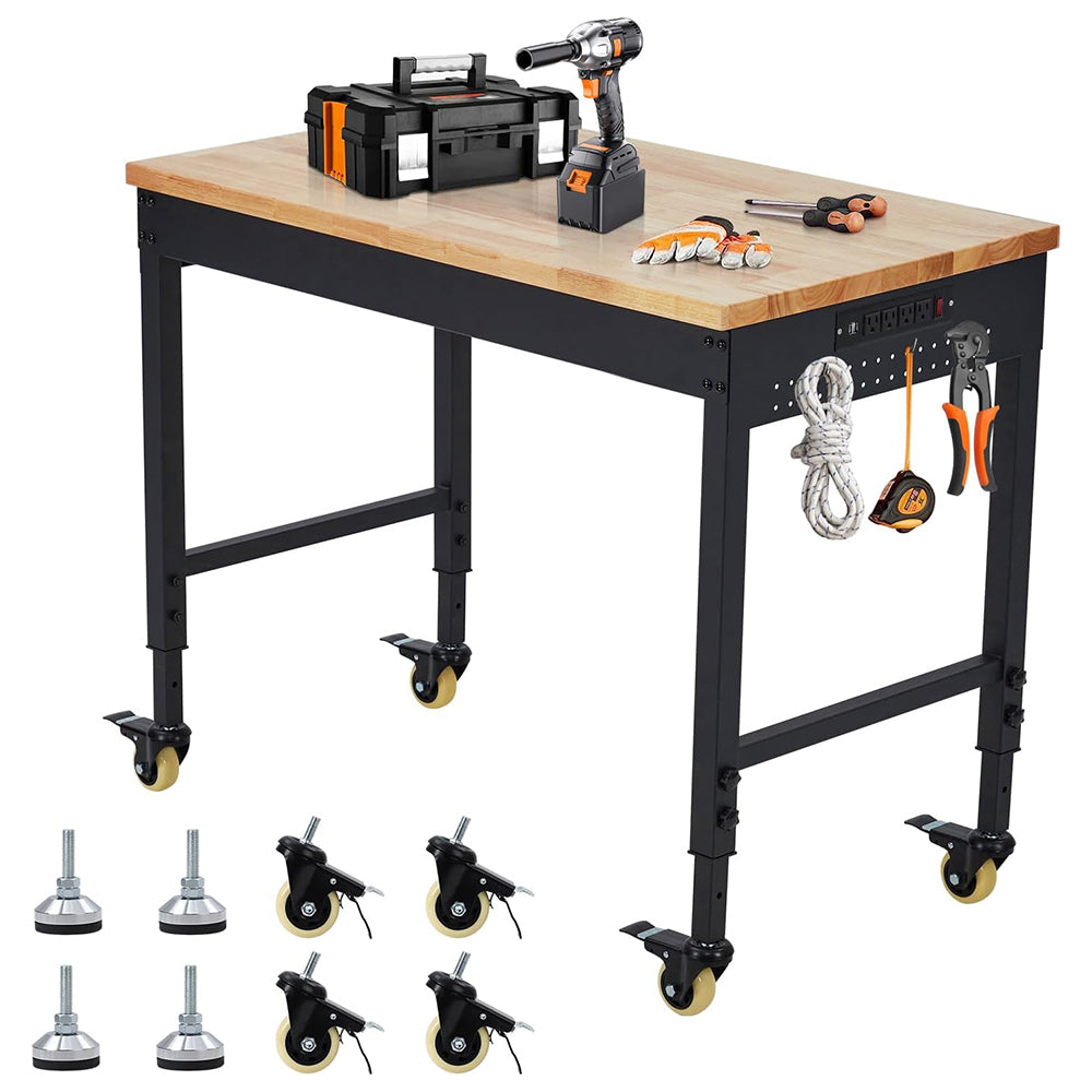 Garvee 48x24 Inch Adjustable Workbench for Garage Workbench, Rubber Wood Top Heavy-Duty Worktable Adjustable Workstation with 4 Rolling Casters, 2000 LBS Load Capacity Work Table for Workshop Office, Power Outlets