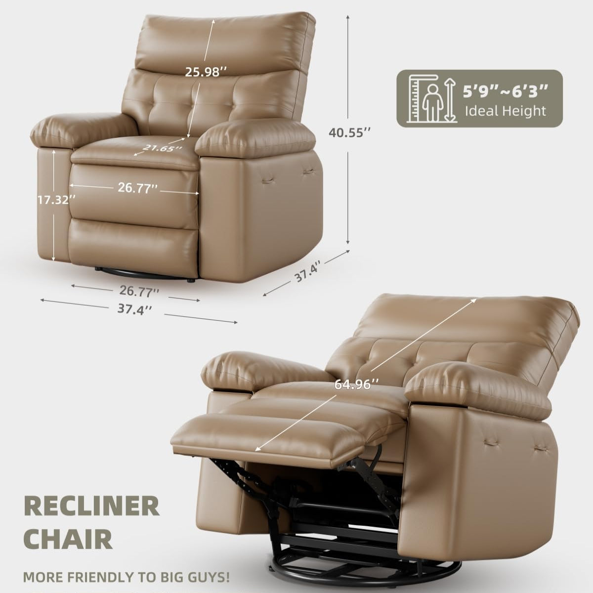 Garvee Oversized Manual Recliner, Breathable Leather Pushback Recliner Chair, Single Lazy Sofa Chair with Two Cup Holders and Side Pocket, Living Room Recliner, Tan