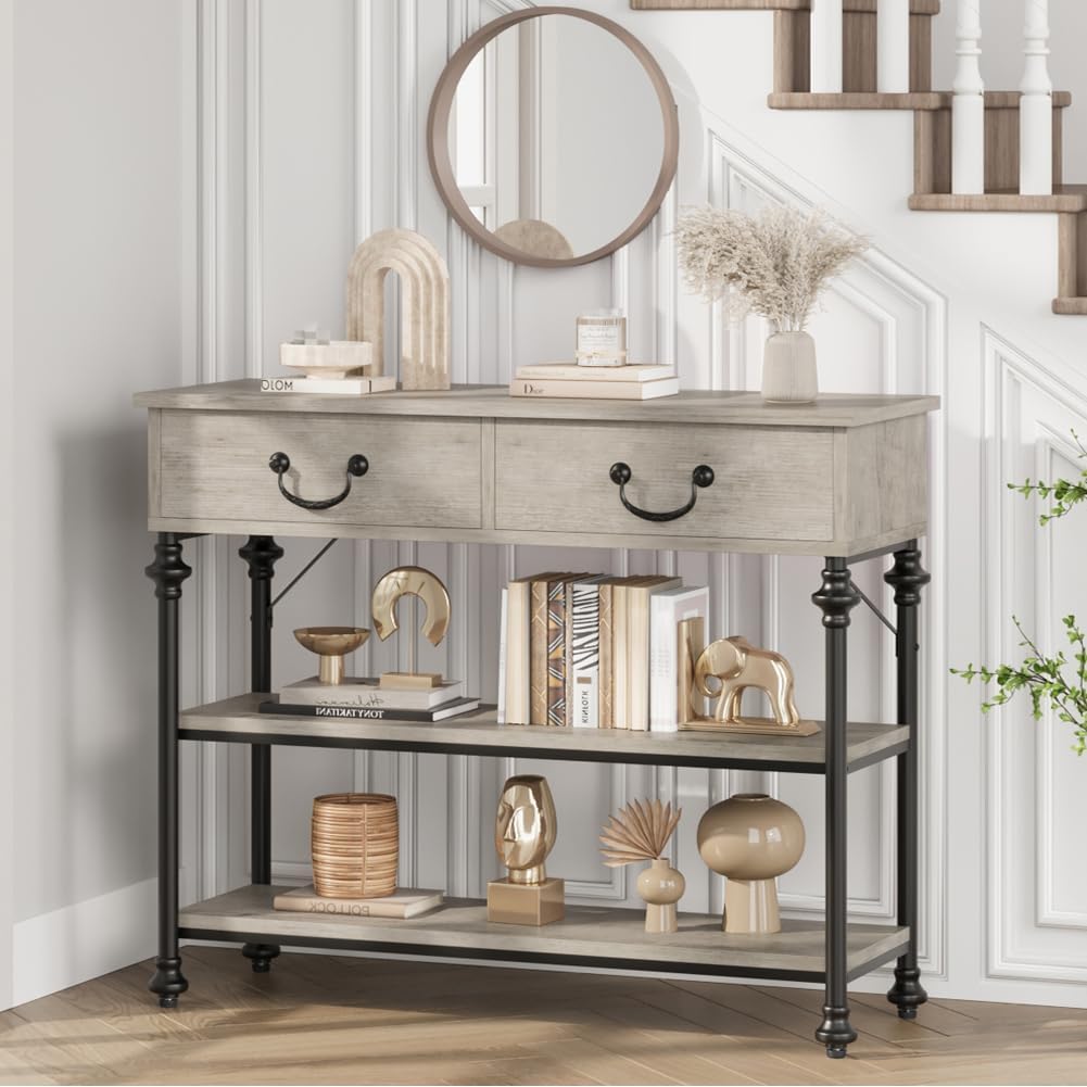 Garvee Console Table with Drawers, Narrow Entryway Table, MDF Wood & Metal, 3-Tier Storage, Adjustable Footpads, Rustic Gray, Living Room, Foyer