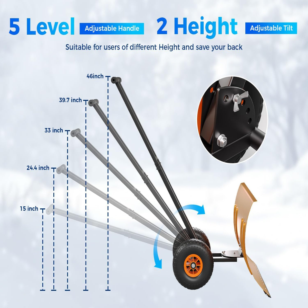 Garvee 29"W X 19"H Snow Pusher Shovel with Wheels - Heavy Duty Steel, 5-Position Adjustable Blade, Ergonomic Handle, Anti-Skid Wheels, Powder-Coated, Orange, for Driveway & Sidewalk