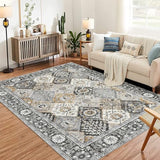 Garvee Moroccan Trellis Area Rug 8x10 Washable Vintage Floral Print Rugs, Boho Non Slip Indoor Carpet for Entryway Living Room Kitchen Bedroom Laundry Room, Grey Brown - Gray Brown