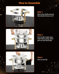 Garvee Durable Gold Stainless Steel Chafing Dish Set – 4 Pack 5QT Round Commercial Buffet Food Warmer with Lid Holder, Spoon & Tweezers – High-quality Catering Equipment for Events, Parties, Weddings – Easy to Clean – Specs: 2x2
