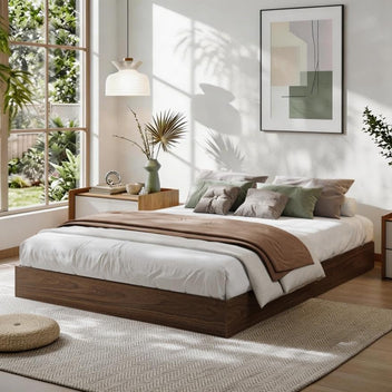 Garvee Minimalist Wood Platform Bed Frame – Sturdy Floor-Standing Design, Wooden Slats, No Box Spring, Easy Assembly, Noise-Free – Queen Size – Walnut