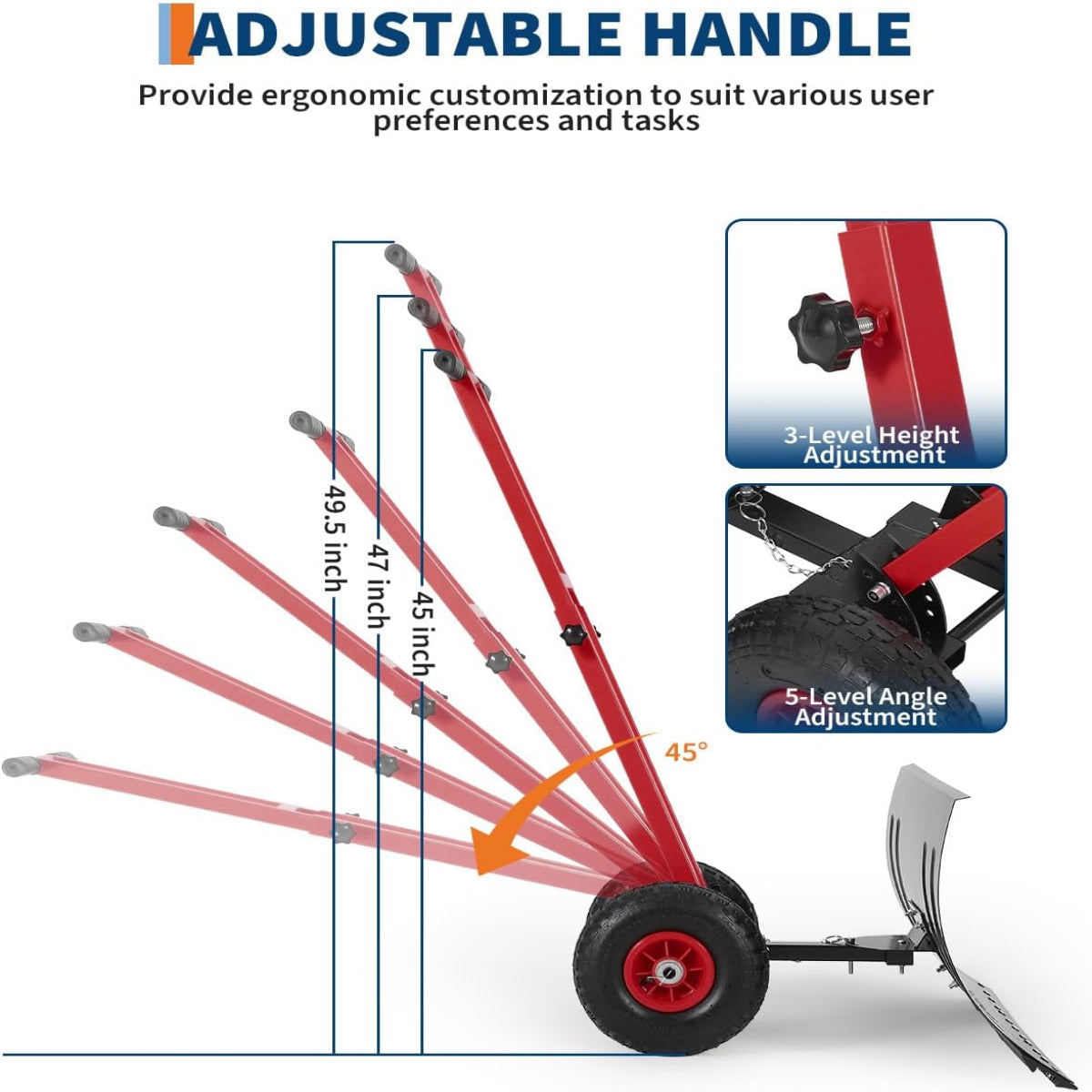 Garvee Snow Shovel 29x14in Heavy-Duty Carbon Steel 5-Position Angled Blade Adjustable Handle Wheels for Driveway Sidewalk
