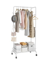 Garvee Clothes Rack on Wheels, Rolling Garment Rack with Bottom Storage Basket and Side Bar, Metal Frame Clothing Rack for Bedroom, Living Room, Closet, Laundry Room, White (Single Rod with Side Bar)