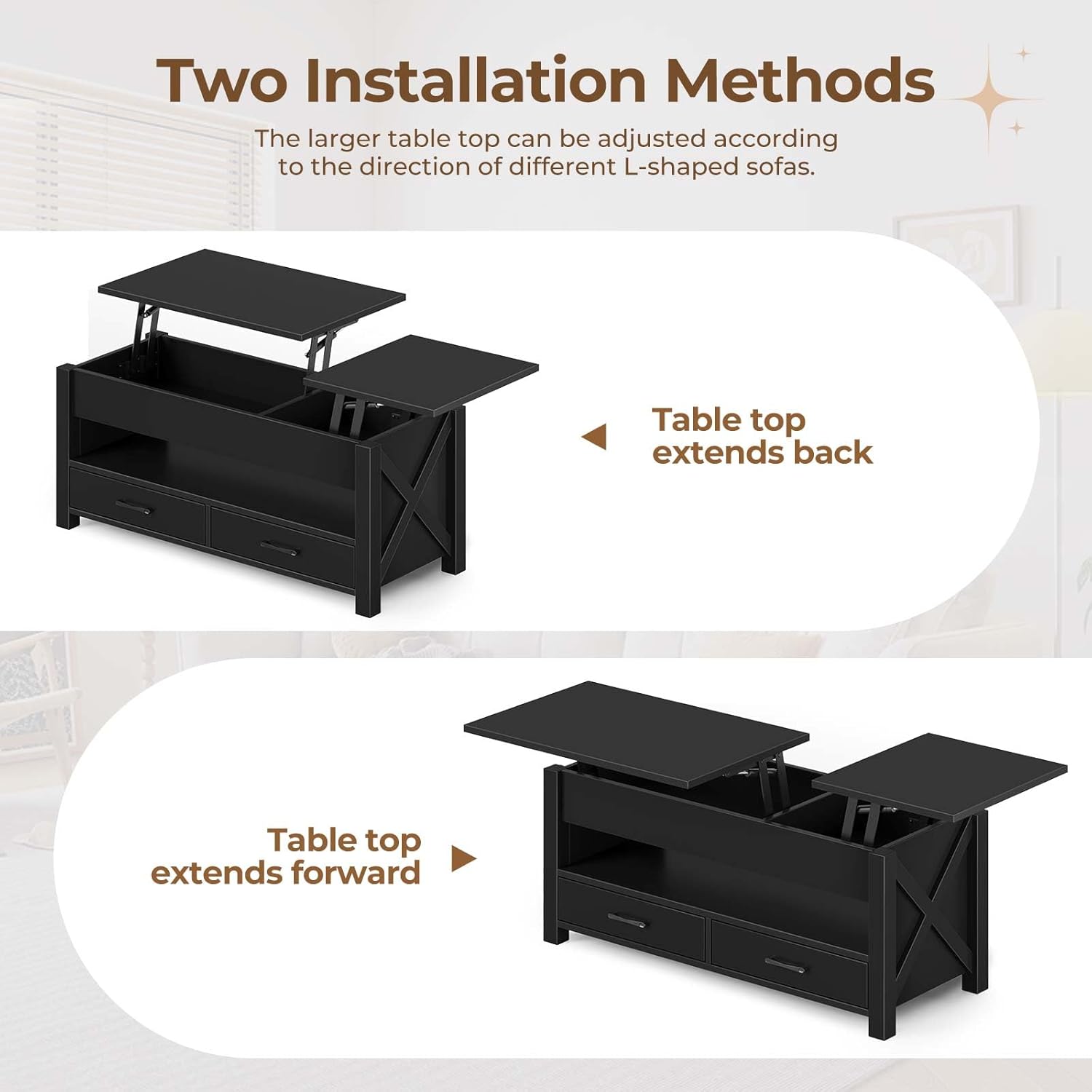 Garvee Coffee Table, 47.2" Lift Top Coffee Table with 2 Storage Drawers and Hidden Compartment, X Wood Farmhouse Support, Retro Center Table with Lift Tabletop for Living Room, Black