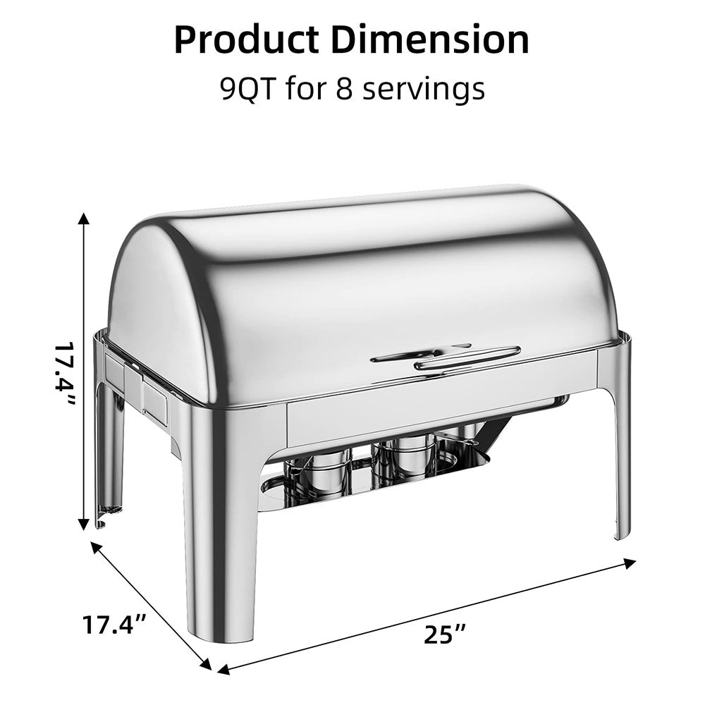 Garvee 9QT(1×1/1+2×1/2Pan)Stainless Steel Roll Top Chafing Dish ,Stainless Steel Chafing Dish Set Equipped with Full Size Pan Chafer for Wedding,Parties,Banquet,Catering Event,1 Pack