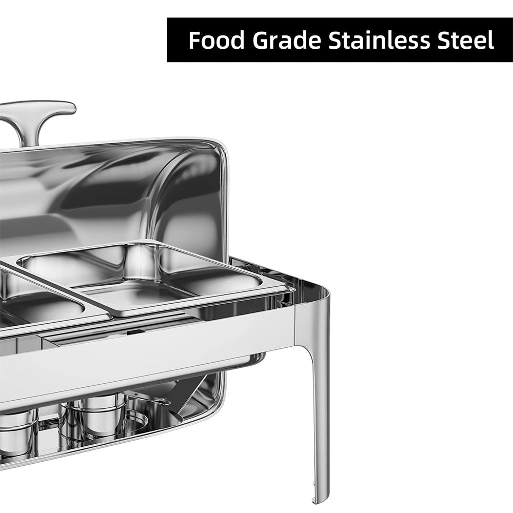 Garvee 9QT(1×1/1+2×1/2Pan)Stainless Steel Roll Top Chafing Dish ,Stainless Steel Chafing Dish Set Equipped with Full Size Pan Chafer for Wedding,Parties,Banquet,Catering Event,1 Pack