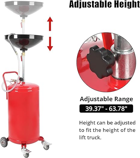 Garvee 18 Gallon Adjustable Oil Drain Tank – Pneumatic Waste Oil Drainer with 17.8" Funnel, 39.37-63.78" Height Range, Level Display & Brake Wheels for Auto Shops & Home Use