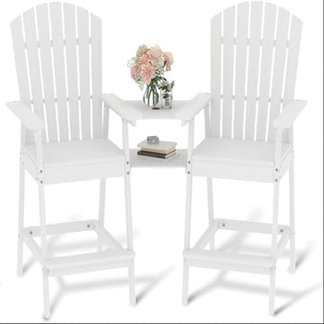 Garvee Outdoor Adirondack Barstools with Connecting Tray, High Back & Built-in Footrest, Solid Wood, Removable Tray & Umbrella Hole, Set of 4, Perfect for Deck & Patio