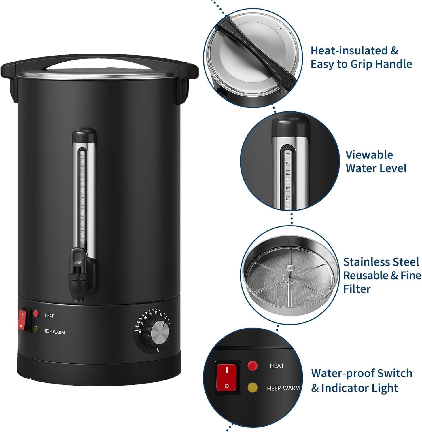 Garvee Double Wall Commercial Coffee Urn – 12L Stainless Steel Large Capacity Hot Water & Coffee Dispenser, Fast Heating Percolator – For Catering, Buffet, Event, Party, Office – Specification: 12L