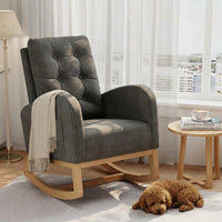 Garvee Nursery Rocking Chair, Linen Fabric Upholstery, Sturdy Wooden Legs & High Backrest, Comfortable Glider Rocking Chair for Living Room or Bedroom, Dark Grey