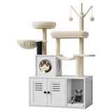 Garvee 55.1-Inch Cat Tree with Litter Box Enclosure 2-in-1 Modern Cat Tower White, Wooden Hidden Litter Box Furniture, Cat Condo, Hammock, Scratching Post - White