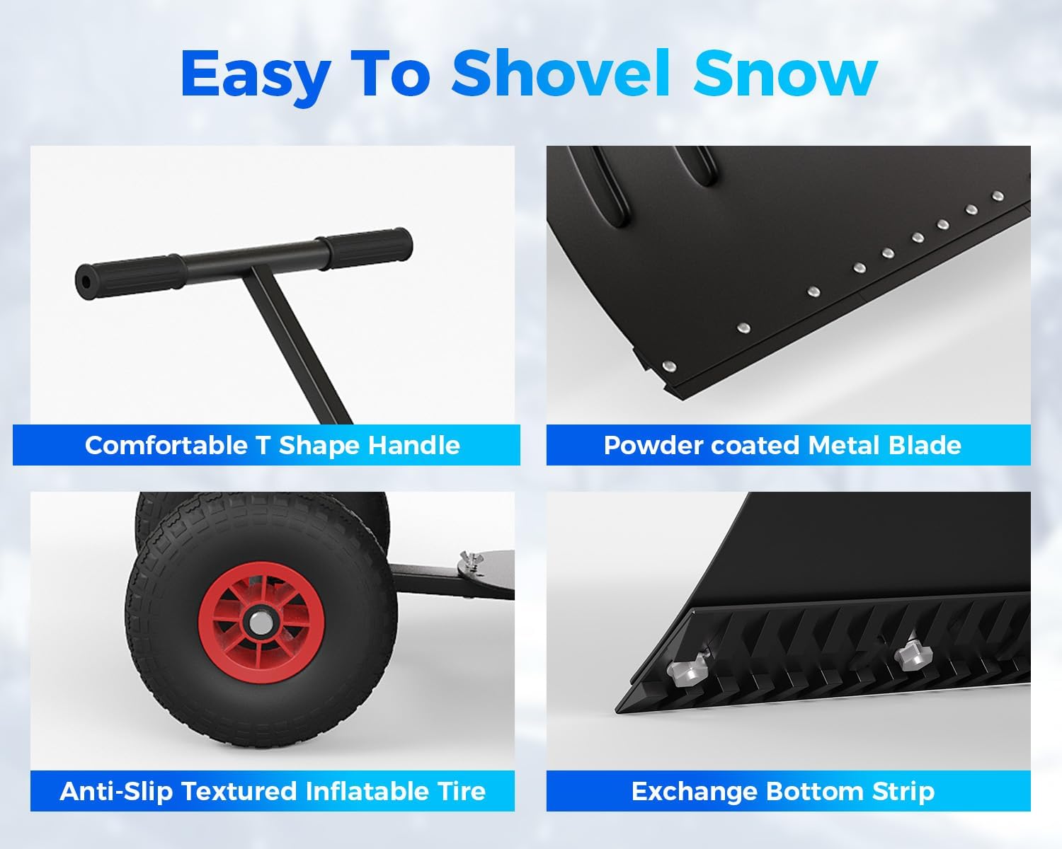 Garvee 29"W X 20"H Snow Shovel Pusher with 29" Metal Blade & Adjustable Handle, Heavy-Duty Steel Frame, Dual 10" Wheels, Replaceable Strip, for Driveways & Sidewalks