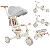 Garvee 7 in 1 Baby Tricycle, Foldable Toddler Tricycle with Removable and Adjustable Parent Handle, Toddler Push Bike with Removable Pedal, Canopy, and Guardrail, Tricycle for 12-72 Months（Brown） - Brown