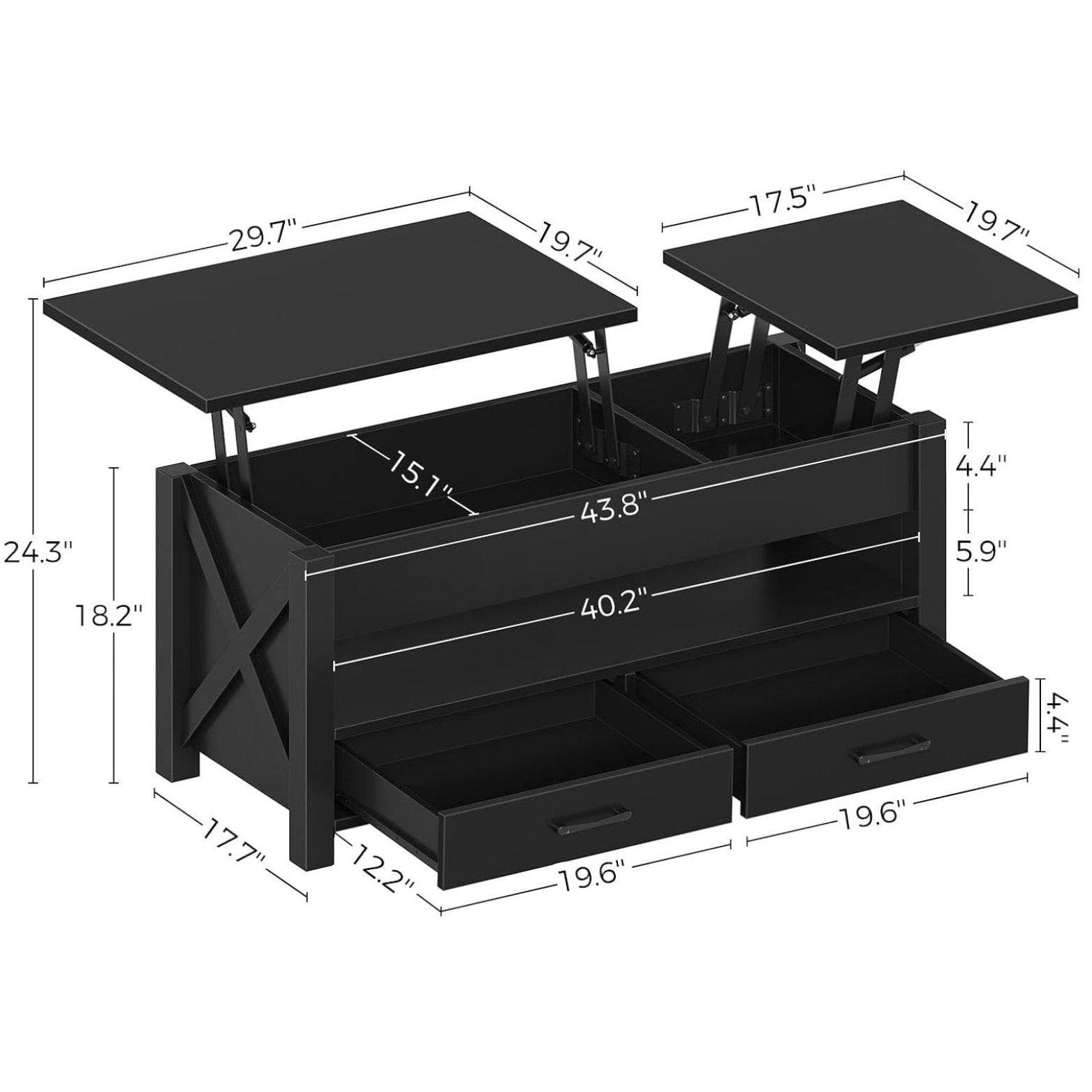 Garvee Coffee Table, 47.2" Lift Top Coffee Table with 2 Storage Drawers and Hidden Compartment, X Wood Farmhouse Support, Retro Center Table with Lift Tabletop for Living Room, Black