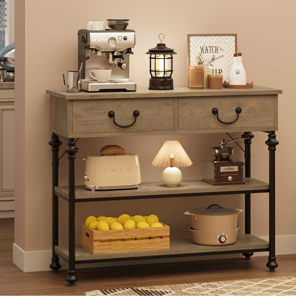 Garvee Console Table with Drawers, Narrow Entryway Table, MDF Wood & Metal, 3-Tier Storage, Adjustable Footpads, Rustic Gray, Living Room, Foyer