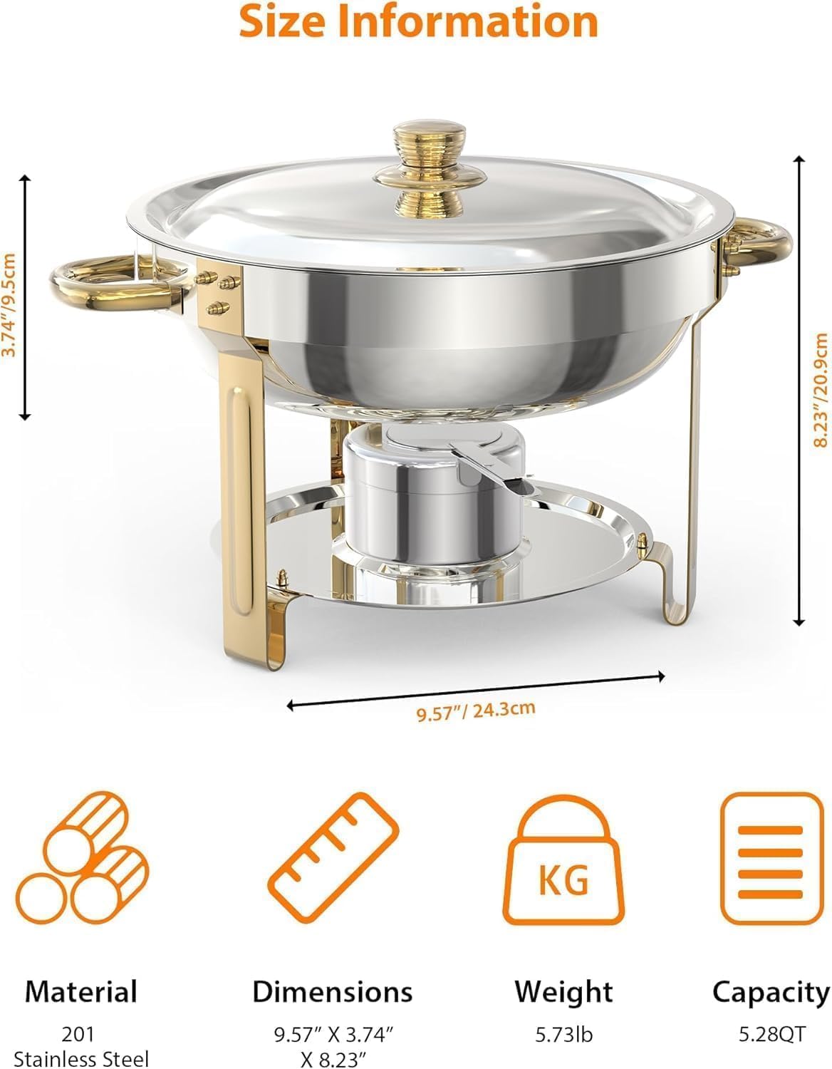 Garvee Durable Gold Stainless Steel Chafing Dish Set – 4 Pack 5QT Round Commercial Buffet Food Warmer with Lid Holder, Spoon & Tweezers – High-quality Catering Equipment for Events, Parties, Weddings – Easy to Clean – Specs: 2x2