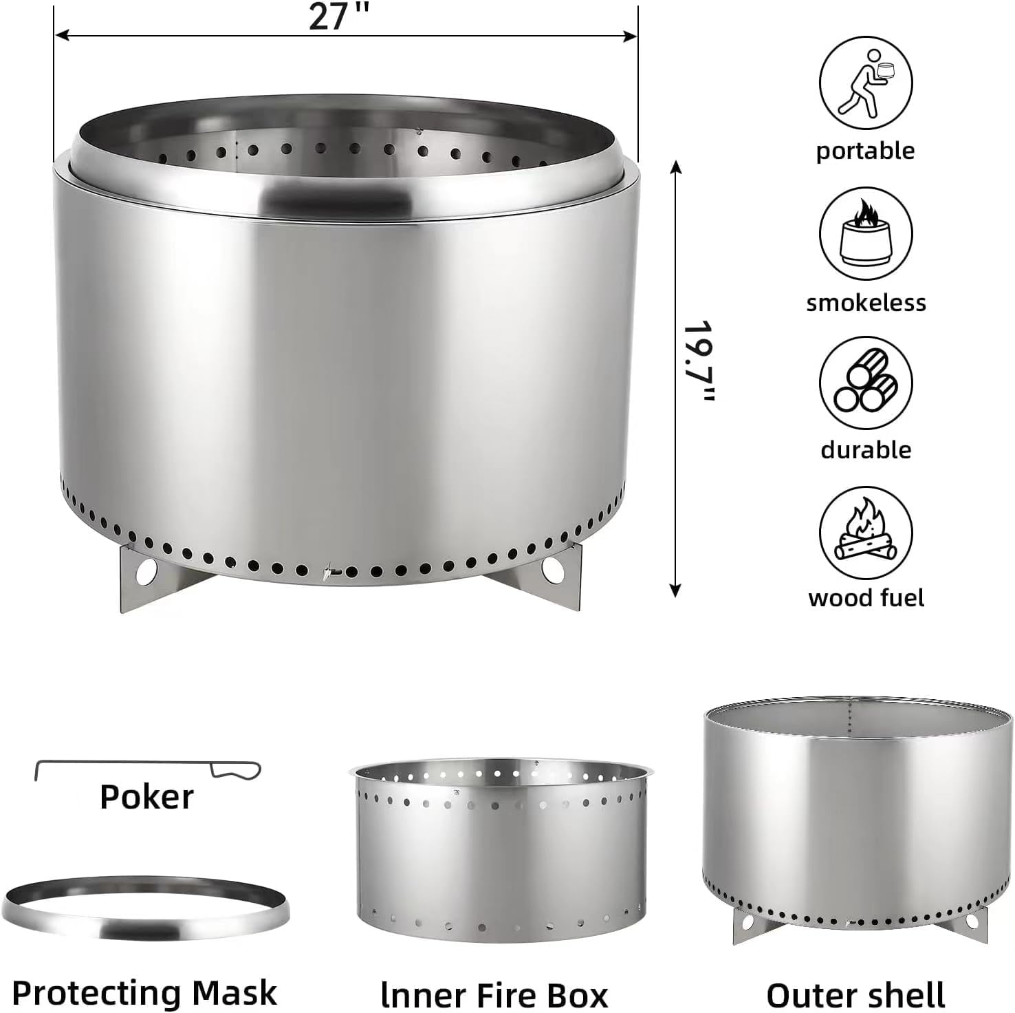 Garvee 27" Smokeless Fire Pit with Air Switch,Without handle,Portable Stainless Steel, Fixed Stand & Stove Hook, Ash Pan, for Camping, Backyard, Patio