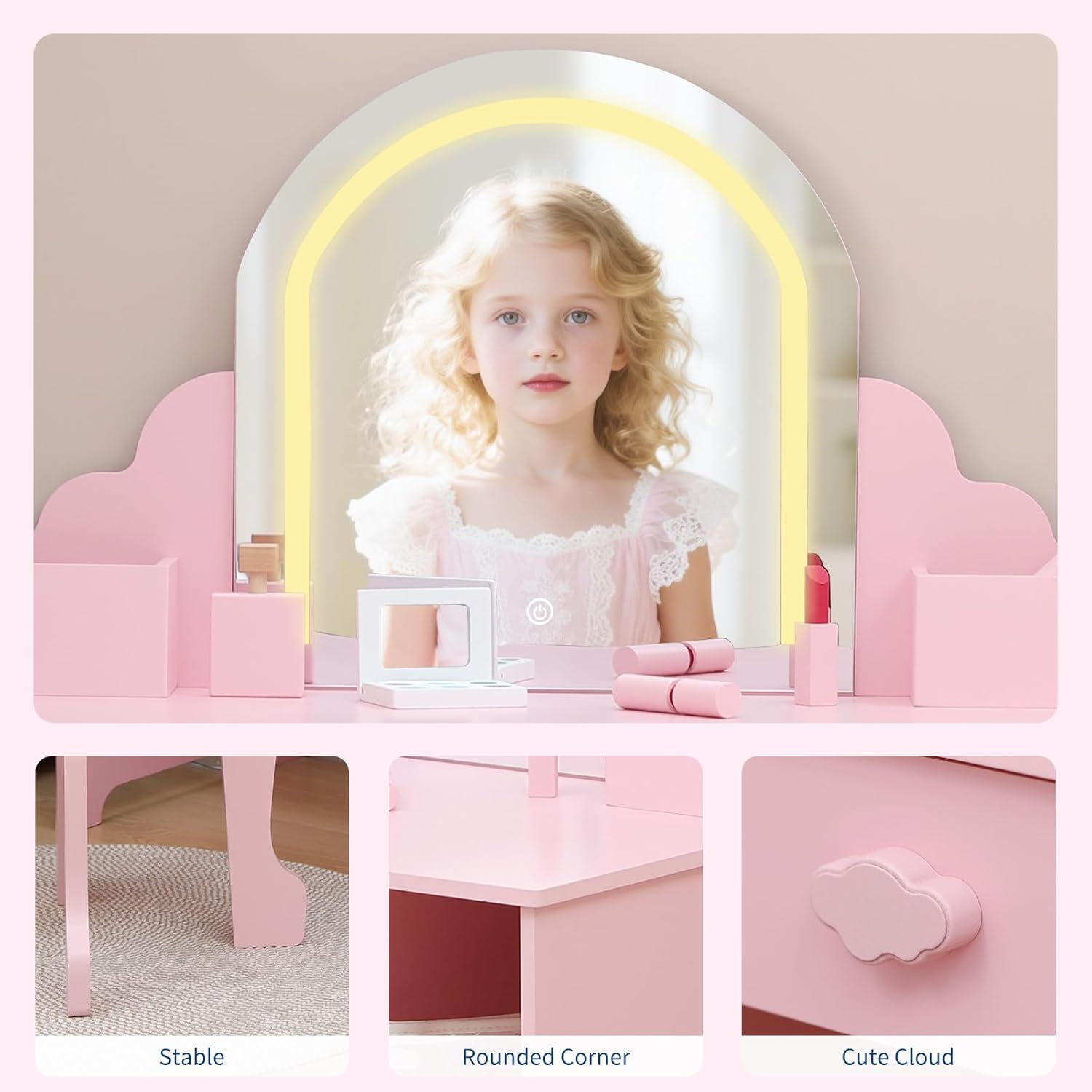 Garvee Kids Vanity with Lighted Mirror & Stool, 2 In 1 Little Girls Vanity and Wooden Makeup Playset with Adjustable LED Light, Storage Drawer & Shelves for Girls 3-9, Pink