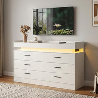 Garvee 47" TV Stand Cabinet with Power Outlets & LED Lights, 6 Drawer Dresser TV Console, Entertainment Center, Coffee Bar Sideboard Buffet for Living Room, Bedroom, Entryway, White