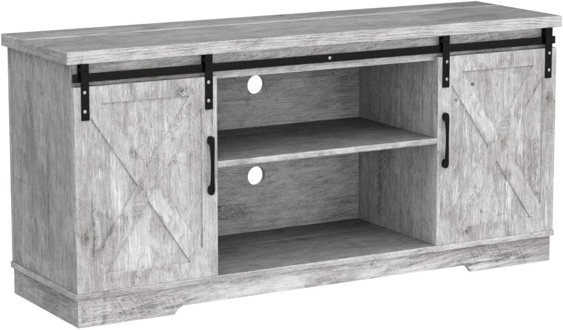 Garvee 59 inch Farmhouse TV Stand, Cabinet with Barn Doors, Wood Media Console for Living Bedroom, 250 lbs Capacity, Grey