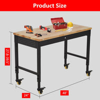 Garvee 48x24 Inch Adjustable Workbench for Garage Workbench, Rubber Wood Top Heavy-Duty Worktable Adjustable Workstation with 4 Rolling Casters, 2000 LBS Load Capacity Work Table for Workshop Office, Power Outlets