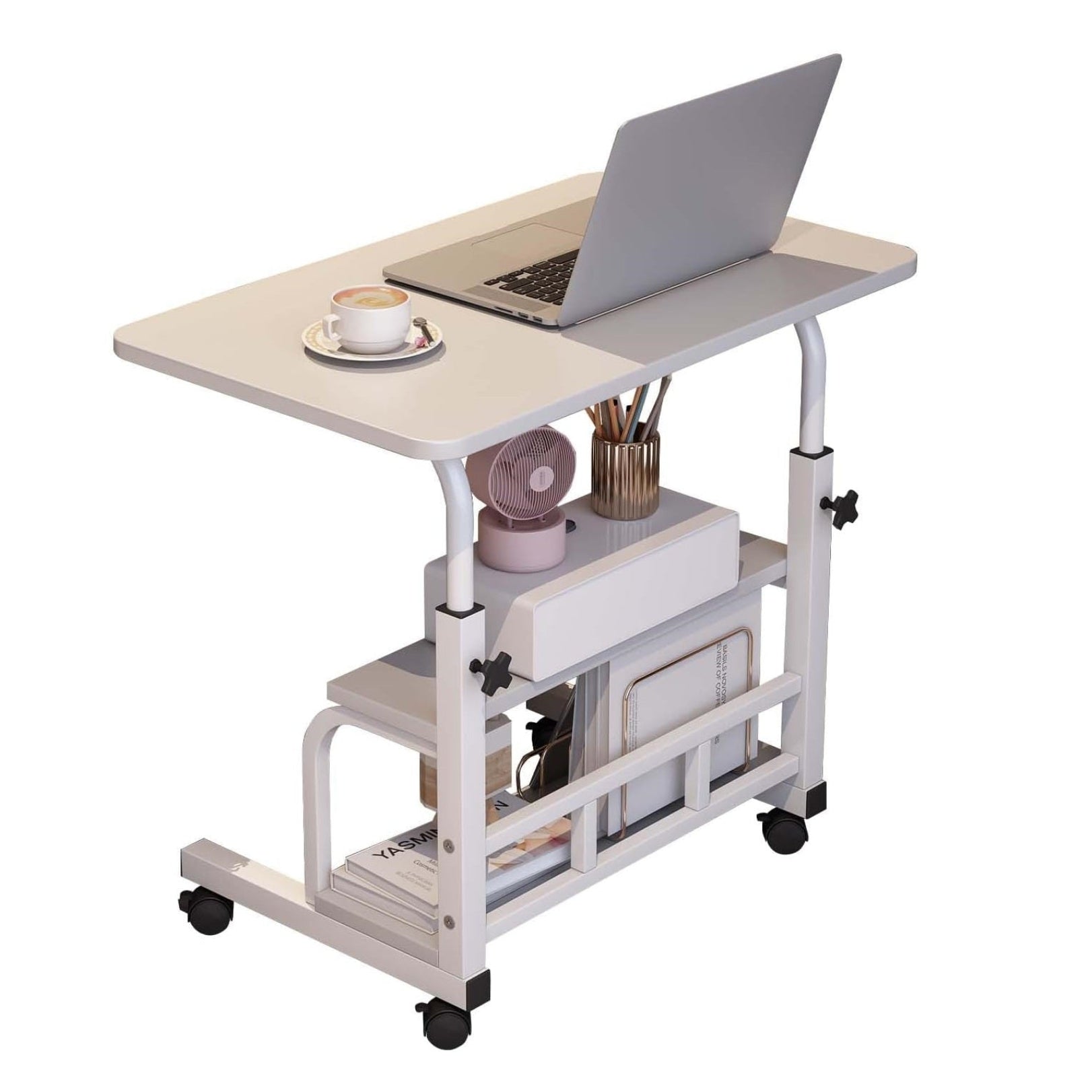 Garvee Adjustable Height Mobile Standing Desk, Portable Bedside Desk with Storage Shelves, Compact Laptop Desk for Home Office, Study, Small Spaces, Bedroom, White, 23.6"x15.7"