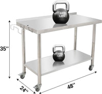 GARVEE 48"L x 24"W x 35"H Stainless Steel Work Table - Heavy-Duty Prep Table with Undershelf, Backsplash, Wheels, and Garbage Rack for Kitchen and Commercial Use