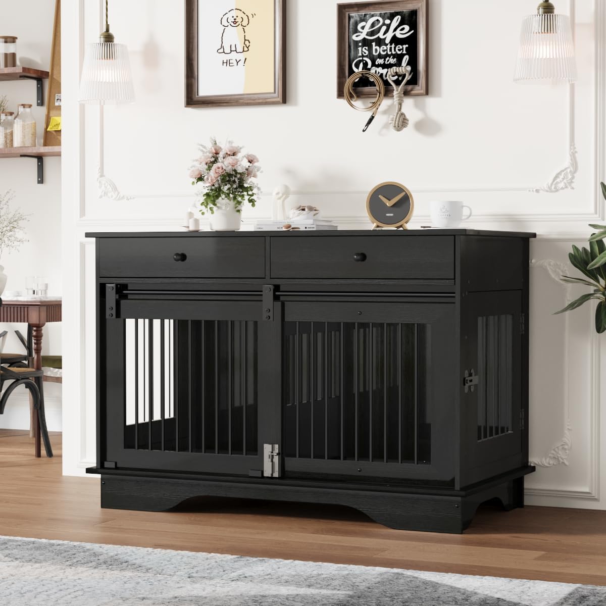 Garvee Dog Crate Furniture for 2 Dogs, 47" Double Dog Kennel with Removable Divider and 2 Drawers, Triple Doors, Decorative TV Stand Side Table, Indoor Pet Cage for Large/Medium/Small Dogs, Black