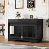 Garvee Dog Crate Furniture for 2 Dogs, 47" Double Dog Kennel with Removable Divider and 2 Drawers, Triple Doors, Decorative TV Stand Side Table, Indoor Pet Cage for Large/Medium/Small Dogs, Black