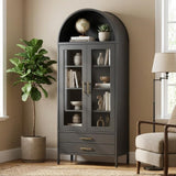 Garvee 73 in Tall Arched Cabinet with Glass Doors & 2 Storage Drawers, Modern Display Cabinet for Kitchen Pantry, Black