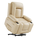 Garvee PU Leather Power Lift Recliner Chair With Massage and Heat, Adjustable Furniture for Back, Legs w/ 3 Positions, Usb Port, Side Pocket (Beige, 27" Seat Width+Cup Holders) - Beige