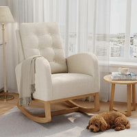 Garvee Nursery Rocking Chair, Upholstered Accent Rocker Chair, Tall Back Arm Chair with Side Pocket, Comfortable Glider Chair for Living Room, Bedroom, Beige