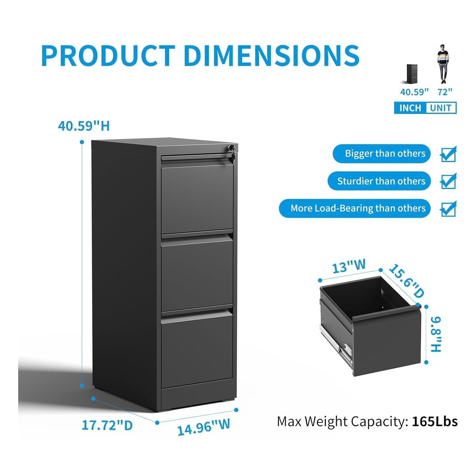 Garvee 3-Drawer File Cabinet with Lock, Heavy Duty Vertical Filing Cabinets for Home Office, Secure Locking Metal Steel Storage Cabinet for Letter/Legal Size File, Assembly Required, Black