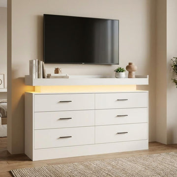 Garvee 47" TV Stand Cabinet with Power Outlets & LED Lights, 6 Drawer Dresser TV Console, Entertainment Center, Coffee Bar Sideboard Buffet for Living Room, Bedroom, Entryway, White