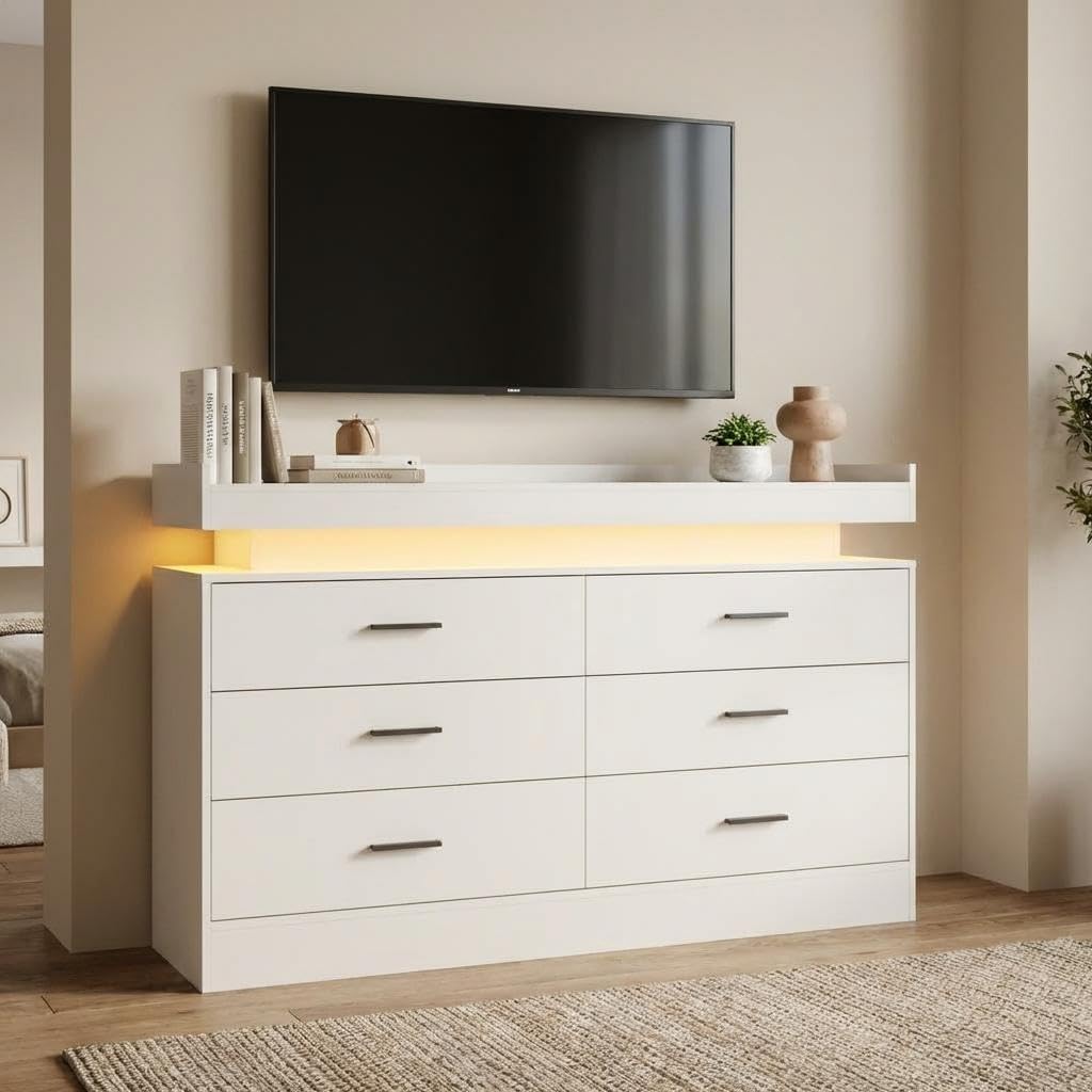 Garvee 47" TV Stand Cabinet with Power Outlets & LED Lights, 6 Drawer Dresser TV Console, Entertainment Center, Coffee Bar Sideboard Buffet for Living Room, Bedroom, Entryway, White