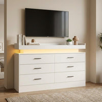 Garvee 47" TV Stand Cabinet with Power Outlets & LED Lights, 6 Drawer Dresser TV Console, Entertainment Center, Coffee Bar Sideboard Buffet for Living Room, Bedroom, Entryway, White