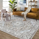 Garvee 8x10 Area Rug Vintage Distressed Machine Washable Area Rug for Living Room Bedroom Traditional Medallion Floral Non-Slip Stain Resistant Accent Rug Carpet for Floor Decor, Taupe - Brown & Khaki