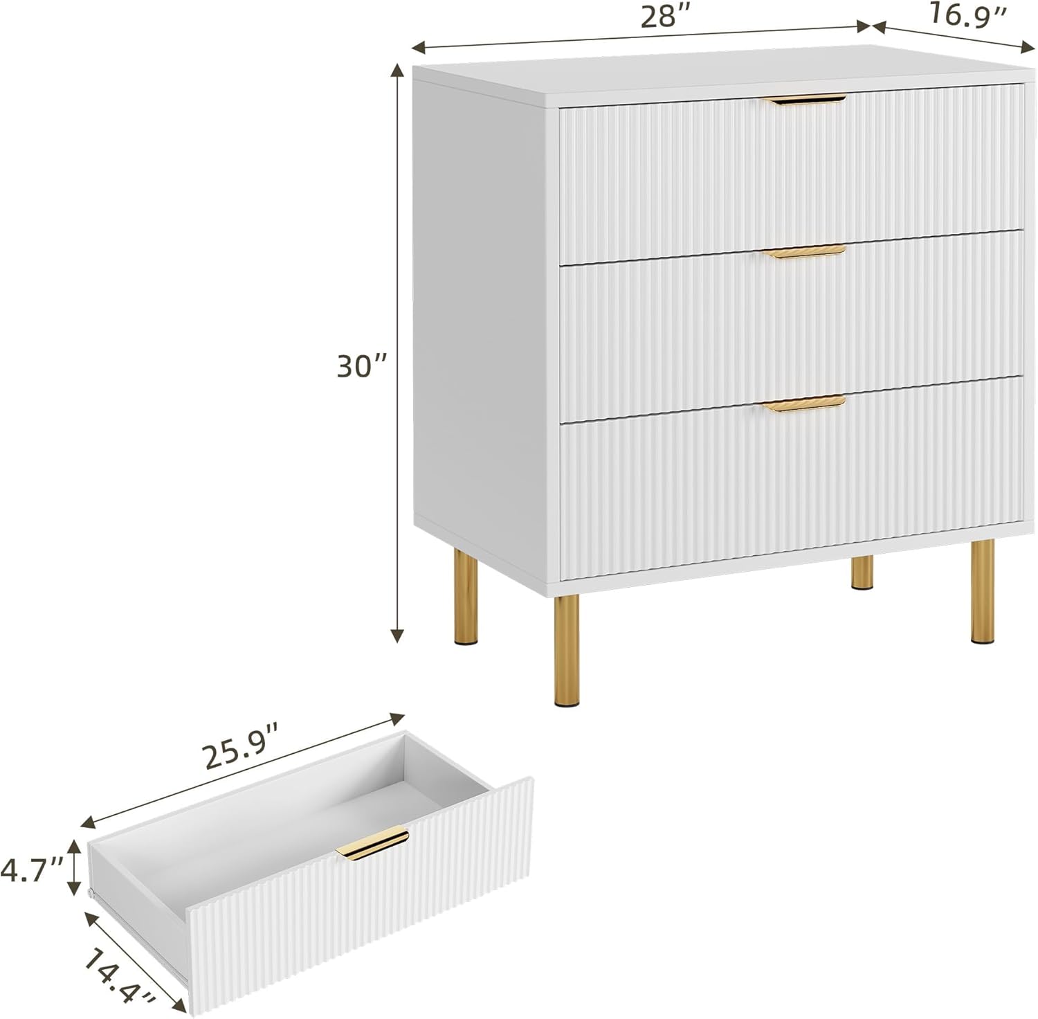 Garvee 3 Drawer Dresser for Bedroom, Modern Wood Storage Chest with Gold Metal Handles, Anti-Tipping Design, Large Nightstand Organizer for Entryway, Hallway, Living Room, White