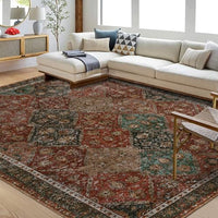 Garvee Persian Red 9x12 Area Rug Washable Rug Vintage Floral Rug Non Slip Retro Distressed Thin Country Farmhouse Rug Floor Cover Farmhouse Rug Carpet for Kitchen Living Room Bedroom Dining Room