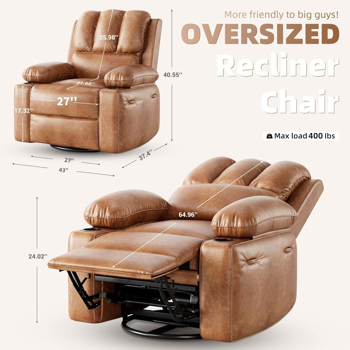 Garvee 27" Width Electric Power Oversized Rocker Swivel Recliner Chair, USB Charger Lazy Boy for Adults, w/ Vibrating Massage and Heating, 1.5x Sponge Filling for Living Room, Bedroom and Nursery