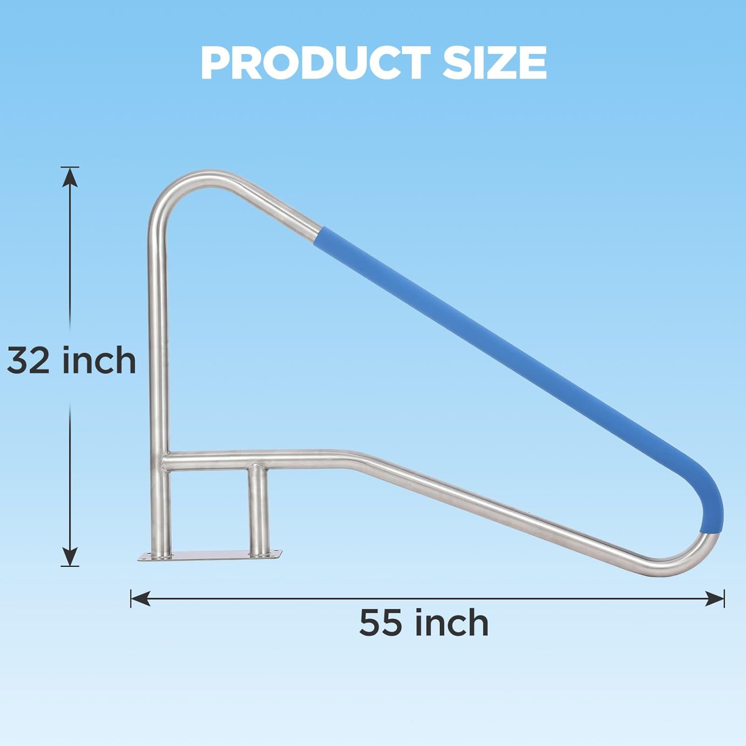 Garvee Pool Handrail 55x32 Pool Rail 304 Stainless Steel Silver Rustproof Pool Stair Rail with Blue Grip Cover Humanized Swimming Pool Railing, Quick Mount Accessories for Pools and Spas