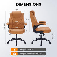 Garvee PU Leather Executive Office Desk Chair, 350lbs Capacity Computer Desk Chair with Padded Flip-Up Arms, Tilt Lock & 360° Swivel Free Wheels, Ergonomic Office Chair for Heavy People, Brown