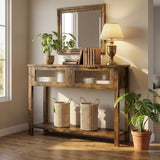 Garvee Entryway Table Wood Console Table with 2 Glass Drawers 2 Tier Sofa Table Storage Vintage