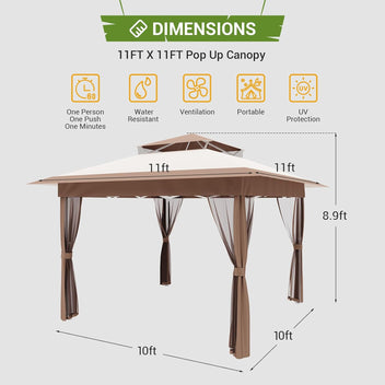 Garvee Pop Up Gazebo Patio Gazebo 11x11 Outdoor Gazebo with Mosquito Netting Outdoor Canopy Shelter with Double Roof Ventiation 121 Square Feet of Shade for Lawn, Garden, Backyard and Deck, Brown
