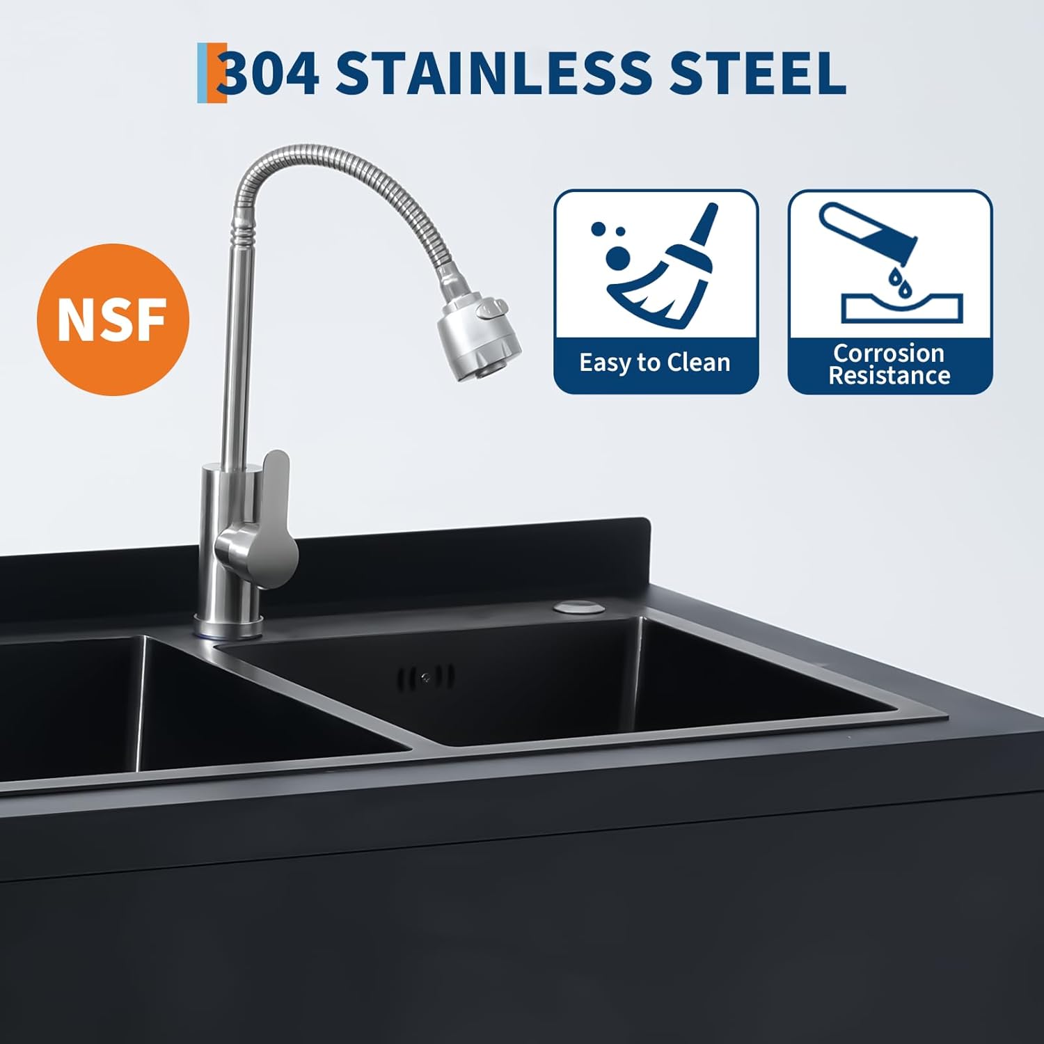 Garvee 22"D X 37"W X 39"H Freestanding Stainless Steel Double Bowl Kitchen basin - 360° Rotating Faucet - Durable, Rust Proof, Easy to Clean - Modern Black Finish - For Home, Kitchen, Bar, Laundry