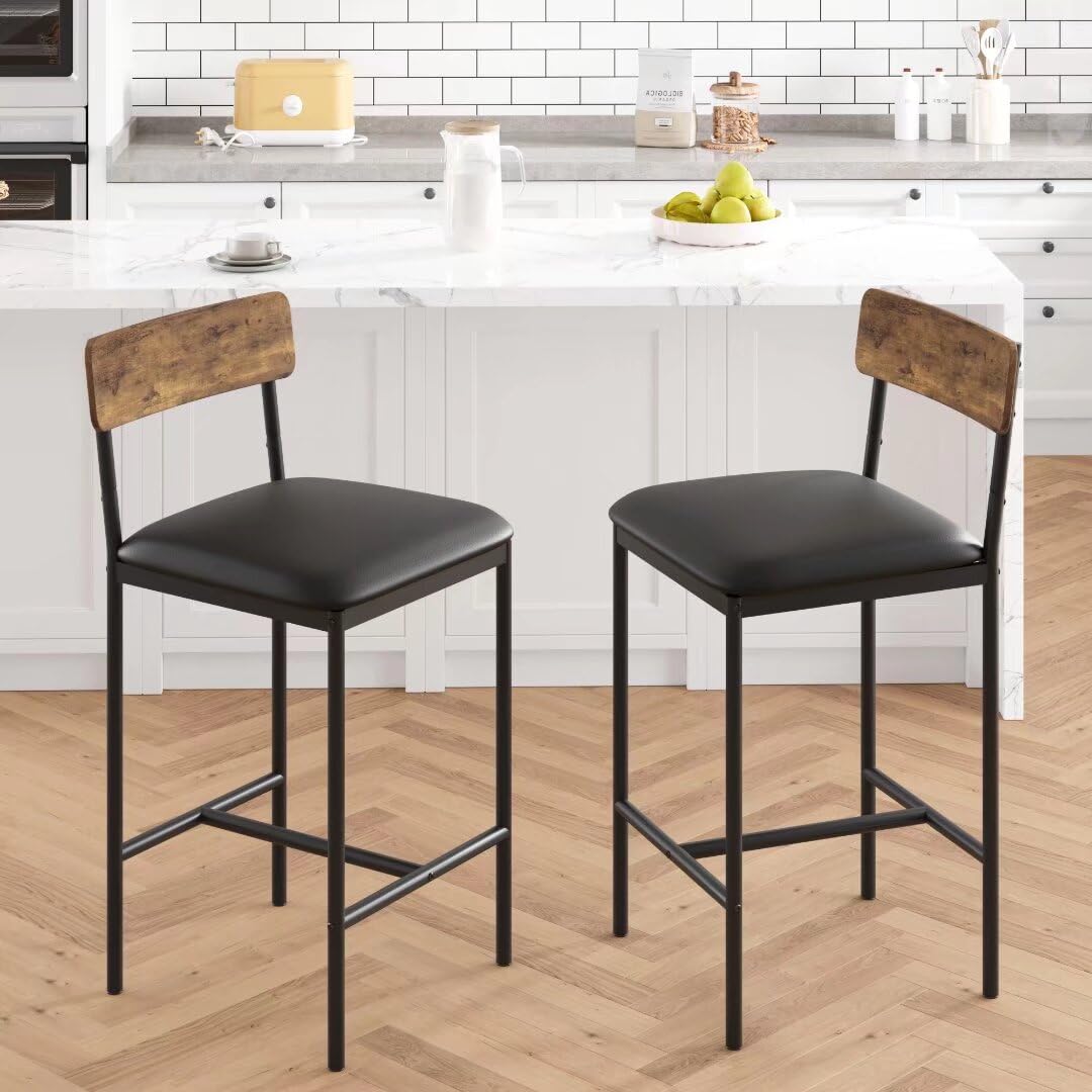 Set of 2 brown bar stools with metal frames and PU upholstered seats for kitchen or dining.
