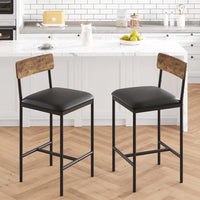 Set of 2 brown bar stools with metal frames and PU upholstered seats for kitchen or dining.